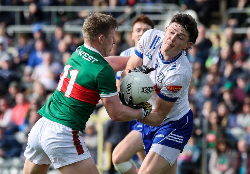 Monaghan's Gary Mohan and Ryan O'Donoghue of Mayo. Photograph: Lorraine O’Sullivan/Inpho