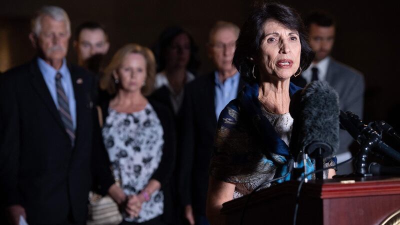 Diane Foley, the mother of murdered Islanic State hostage James Foley, speaks alongside the parents of another Islamic State hostage, Kayla Mueller, following the guilty pleas by Alexanda Kotey in a Virginia court on Thursday. Photograph: Saul Loeb/AFP via Getty Images