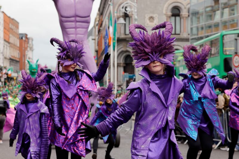 Members of the Inishowen Carnival Group with their An Púca display at the St Patrick's Day parade in Dublin. Photograph: Alan Betson
