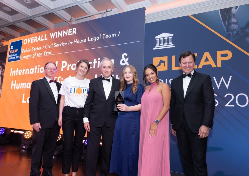 Richard Hammond, solicitor and partner at Hammond Good LLP and chair of the judging panel of the Leap Irish Law Awards; Hope volunteer; Brian McMullin, solicitor and principal at Brian J McMullin Solicitors; Maria Quigley, solicitor at Legal Aid Board; Thaíse A Duffy, legal clerk at Legal Aid Board; and Anton Savage, MC of the night. Photograph: Paul Sherwood