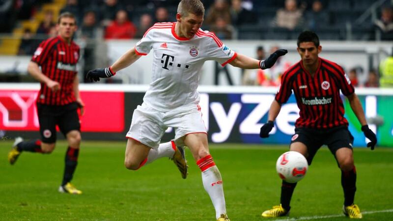 Bayern Munich's Bastian Schweinsteiger scores a goal with a backheel against Eintracht Frankfurt. Photograph: Kai Pfaffenbach/Reuters