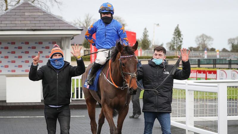 Denis O’Regan on Dreal Deal being led in by Ronan and Tiernan McNally after winning The Sky Bet Moscow Flyer Novice at Punchestown in January. Photograph: Caroline Norris/Inpho