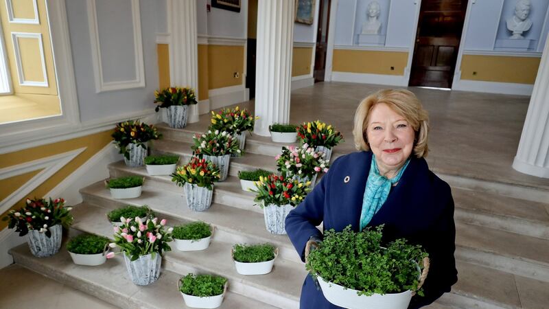 Sabina Higgins pictured earlier this week preparing bowls of  shamrock to be sent to staff, governors and prisoners at a number of prisons in the Dublin area. In previous years, she  has traditionally marked the festivities by visiting prison staff but this year, due to Covid-19 restrictions, that has not been possible. Photograph: Tony Maxwell / Maxwell’s