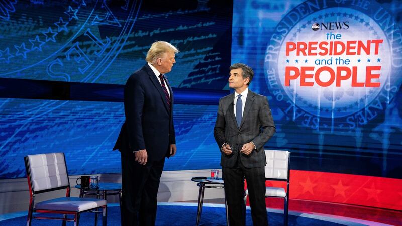 Donald Trump and George Stephanopoulos at the televised public interview in Philadelphia. Photograph: Anna Moneymaker/The New York Times