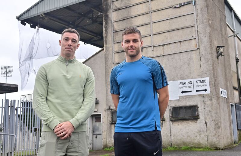 Antrim GAA players Declan Lynch and Patrick McBride. McBride made his debut at Casement Park in an Ulster Championship match a decade ago, just before it closed down. Photograph: Colm Lenaghan/Pacemaker 