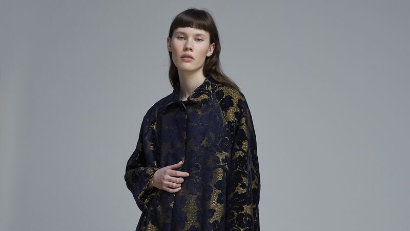 Gold and navy brocade coat by Hache, priced €865, exclusive to JuJu boutique in Greystones