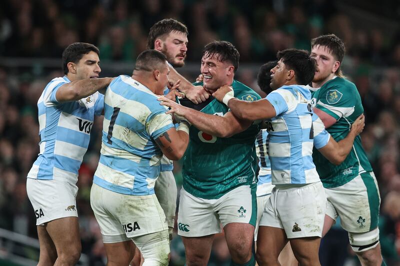 Tempers flare between Argentina's Thomas Gallo and Ireland's Thomas Clarkson. Photograph: Ben Brady/Inpho