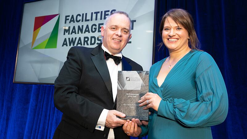 Des Mahon, Director, Authenticate, presents the FM Professional of the Year Award to Bernadette McManamon, CBRE.