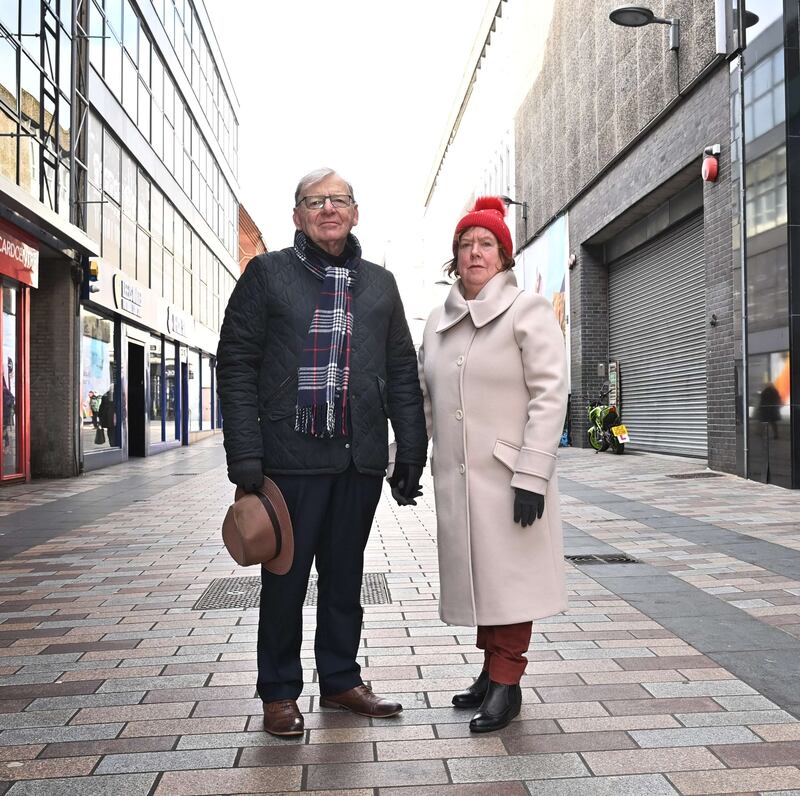 Des and Beryl Carswell stand near the scene of the Abercorn bombing. Photograph: Colm Lenaghan/Pacemaker