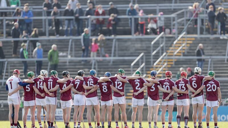 Galway  lining up for the National Anthem. Everything about them screams defiance – and defiance from a position of power puts the opposition on the back foot straight away. Photograph: Laszlo Geczo/Inpho