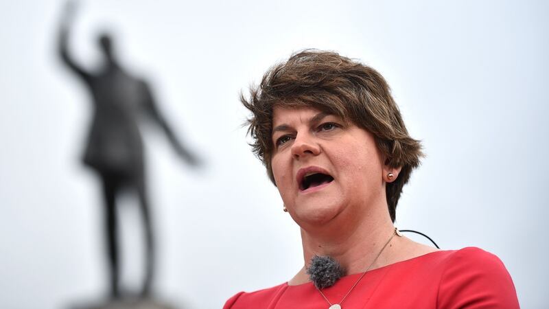 DUP leader Arlene Foster conducts a television interview prior to the arrival of Boris Johnson at Stormont. Photograph:  Charles McQuillan/Getty