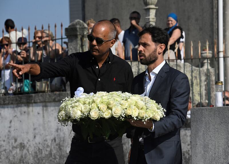 Manchester City's Portuguese midfielder Bernardo Silva (R) arrives for the funerals of Liverpool's Portuguese forward Diogo Jota and his brother Andre Silva. Photograph: Miguel Riopa/AFP/Getty Images     