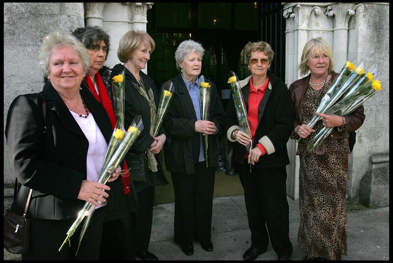 From left Nell McCafferty, Mary Sheerin Mary Maher, Máirin Johnston Máirín DeBurca and Marie McMahon at June Levin's funeral. Photograph: Brenda Fitzsimons