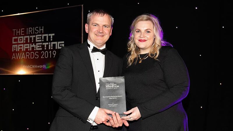 Fionnuala Tohill, Awards Judge presents the Best Content Marketing Award - Video Series to Ciaran Connolly, ProfileTree.