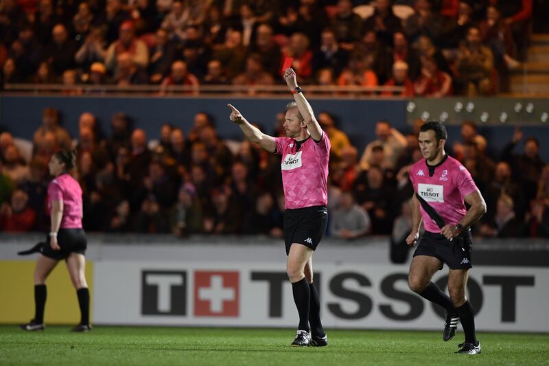 Wayne Barnes got it right when showing a red card to Clermont's Irae Simone following a head-high tackle on Scarlett's Leigh Halfpenney. Photograph: Ashley Crowden/Inpho