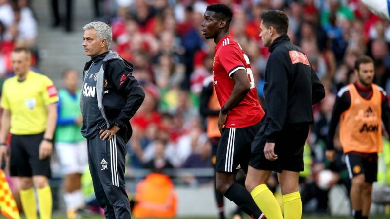 Jose Mourinho and Paul Pogba during Manchester United’s friendly win over Sampdoria. Photograph: Gary Carr/Inpho