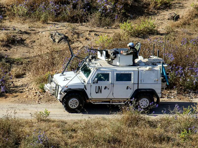 One of the armoured vehicles of the United Nations Interim Force in Lebanon peacekeepers patrols in the Buwayda region, in southern Lebanon by the border with Israel. Photograph: Rabih Daher/ AFP via Getty Images          