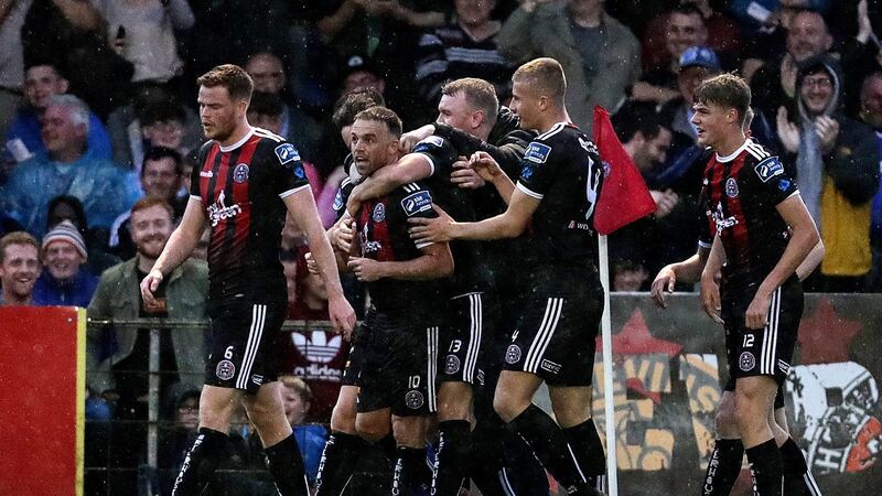 Bohemians celebrate Eric Molloy’s equaliser against Chelsea. Photograph: Laszlo Geczo/Inpho