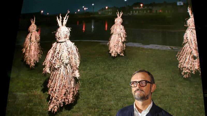 Artist John Gerrard in the workshop in front of a screen, part of Mirror Pavilion Photograph: Joe O’Shaughnessy.