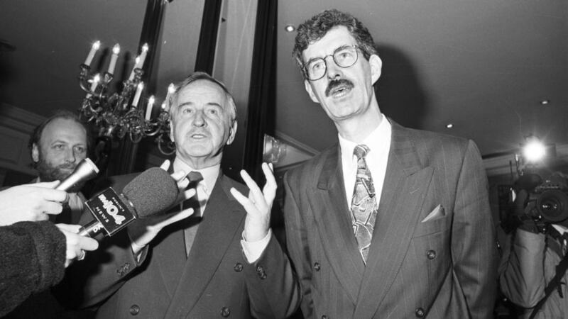 Albert Reynolds and Labour leader Dick Spring in 1992 before talks on forming a coalition government. Photograph: Paul Goulding/The Irish Times.