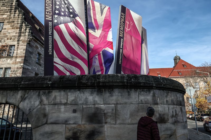Flags of USA, Great Britain and the Soviet Union in front of the Memorium Nuremberg Trials building in Nuremberg, Germany. Photograph: Filip Singer/EPA