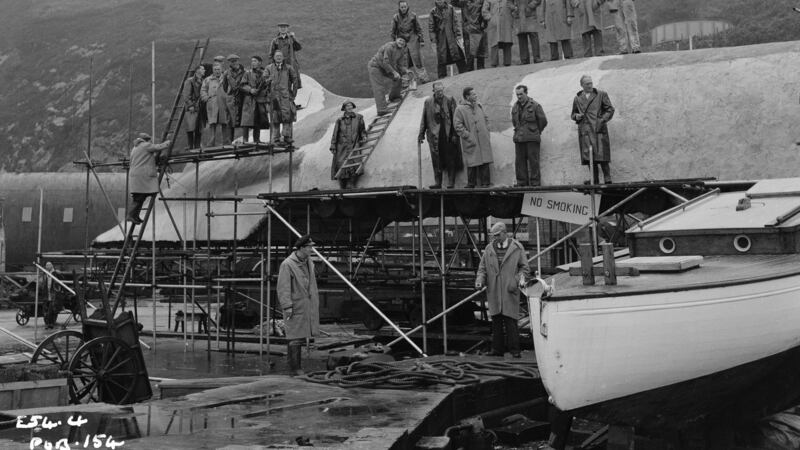 A photograph taken in 1954 of the making of Moby Dick in Youghal, Co Cork. Photograph: STUDIOCANAL Films Ltd