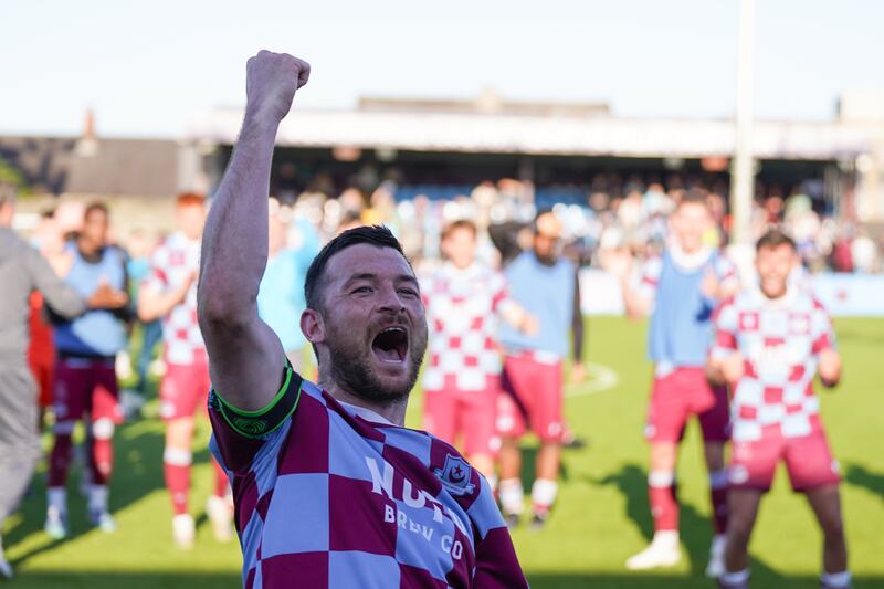 Ryan Brennan celebrates after his late penalty gave Drogheda United victory against Cork City at Sullivan and Lambe Park. Photograph: James Lawlor/Inpho