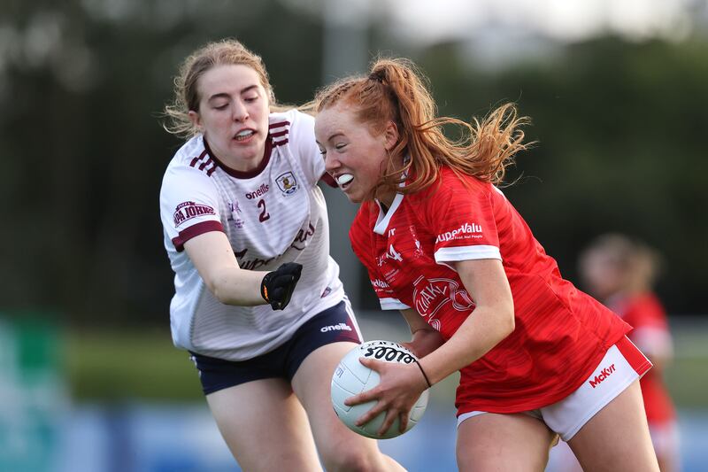 Galway's Maryanne Jordan and Cork's Orlaith Cahalane  in the  All-Ireland ladies minor football A championship final in MacDonagh Park, Nenagh, in August 2022. Photograph: Bryan Keane/Inpho