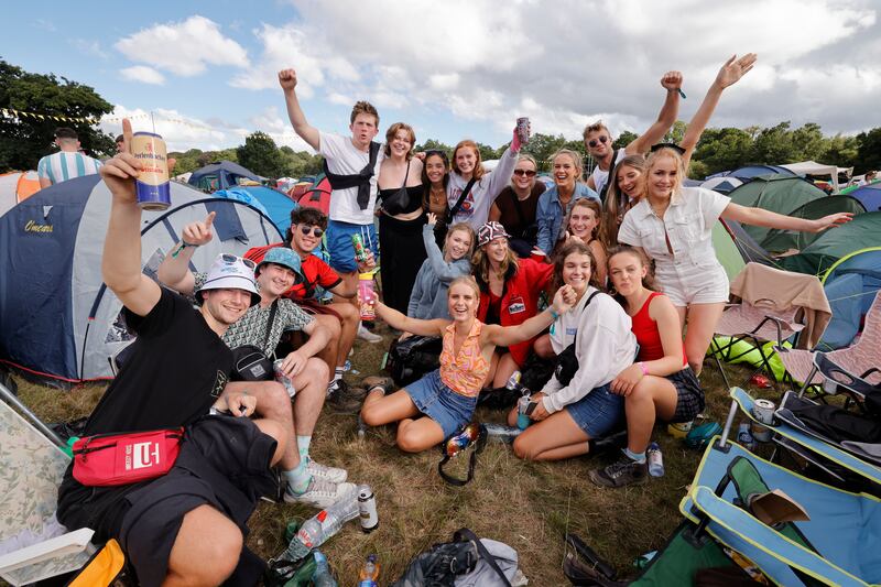  Friends from Dublin enjoy their time at the Jimmy Hendrix campsite.  Photograph: Alan Betson
