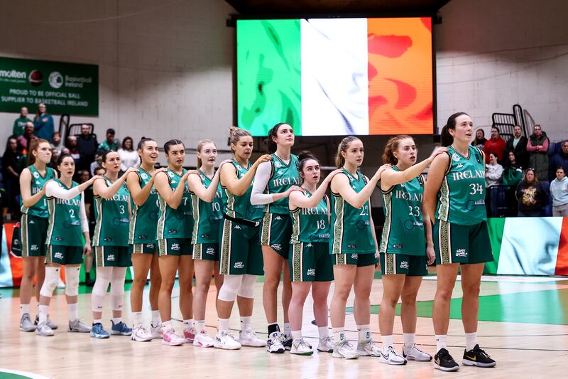The Ireland women's basketball team standing for the National Anthem before a game against France in Dublin in November 2023. We should not be playing basketball against Israel right now. Photograph: Ben Brady/Inpho
