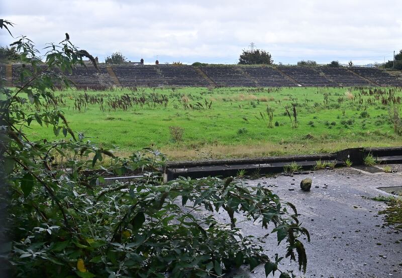 The overgrown pitch and stands at Casement Park. Photograph: Colm Lenaghan/Pacemaker