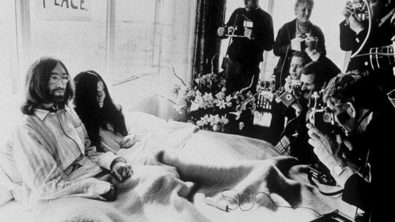 John Lennon and Yoko Ono at the Hilton Hotel in Amsterdam in 1969. Photograph: AP