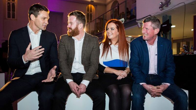 AIB Start-up Summit winner Mark Rowe of Dynomed (centre) with the three business panalists: rubgy player, David Wallace;  Gráinne Dwyer, CEO of the Ludgate Hub in Skibbereen and Tom Durcan of Durcan Meats in Cork’s English Market