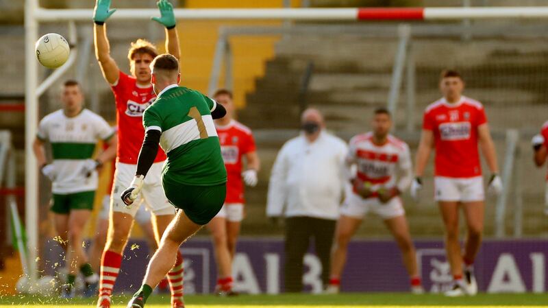 Evan Comerford kicks a free during Tipperary’s win over Cork. Photograph: James Crombie/Inpho
