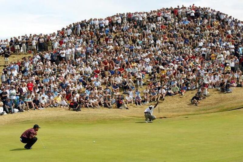 Tiger Woods and Vijay Singh during the final round of the British Open at Royal St George’s in 2003. File photograph: Getty Images
