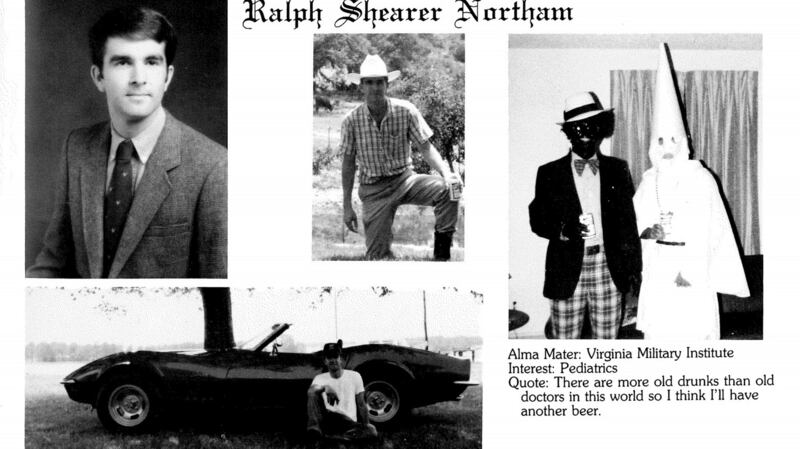 A handout image shows what appears to be the 1984 yearbook page of Ralph Northam, now the governor of Virginia, showing a person dressed as a member of the Ku Klux Klan and another wearing blackface. Photograph: New York Times