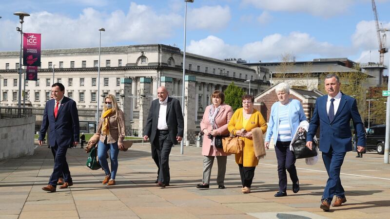 The Teggart family with John Teggart, right, arrive at the International Convention Centre in Belfast for the Ballymurphy inquests. Photograph: Liam McBurney/ PA Wire