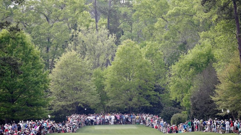 Tiger Woods  hits his tee shot on the seventh hole during the first practice round at the 2015 Masters Tournament at  Augusta National Golf Club. Photograph: Andrew Gombert/EPA