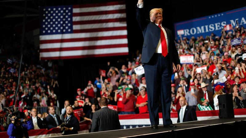 US president Donald Trump at a campaign rally on the eve of the US midterm elections in Cape Girardeau, Missouri. Photograph: Carlos Barria/Reuters