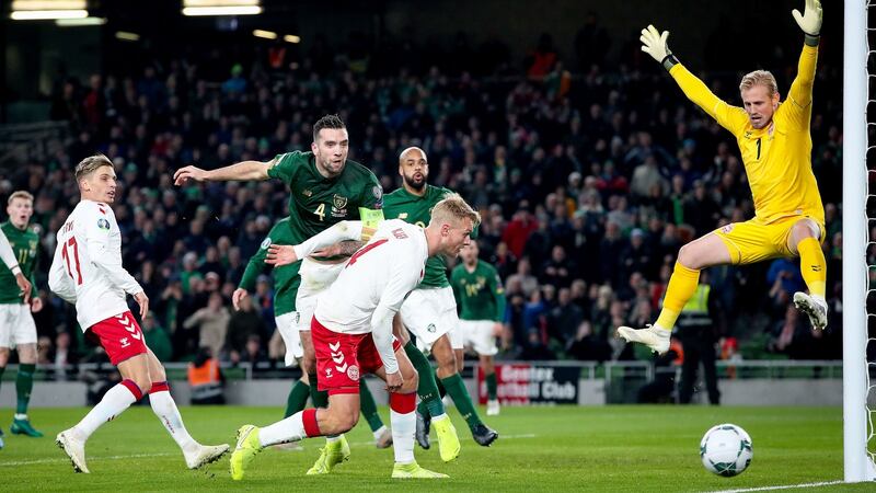 Shane Duffy misses an effort.