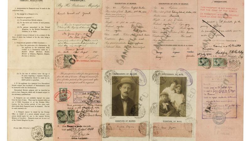 James Joyce’s family passport issued by the British Consul in Zürich in 1915. In 1940,  rhe Swiss Aliens Police rejected Joyce’s initial application for visas on the supposition that he and his family were Jews. Joyce privately declared he “was not a Jew from Judea but an Aryan from Erin”