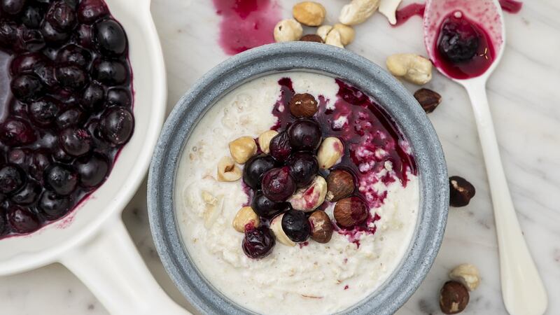 Bircher muesli with hot blueberries. Photograph: Harry Weir