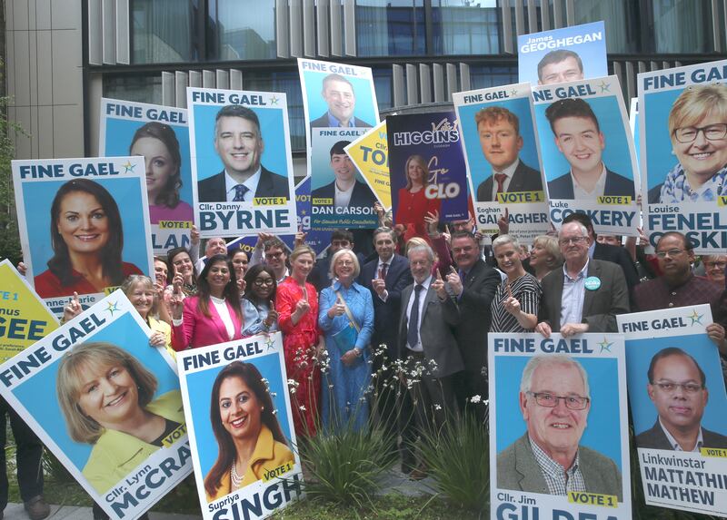 Simon Harris at the launch of Fine Gael’s European and local election manifestos at Dublin Royal Convention Centre. Photograph: Stephen Collins/Collins Photos

