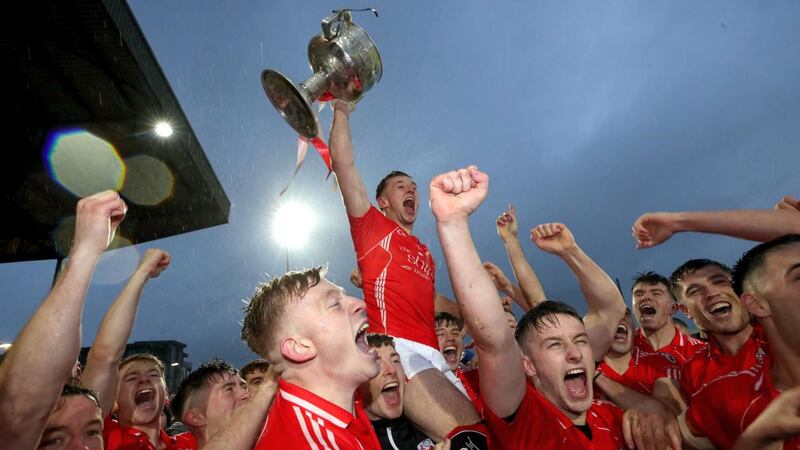 East Kerry captain Dan O’Donoghue celebrates with the Bishop Moynihan Cup after their victory over Dr Crokes in the Kerry SFC Final at Austin Stack Park in Tralee. Photograph: Bryan Keane/Inpho