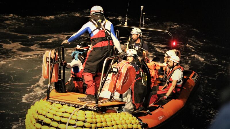 The SOS MEDITERRANEE rescue team with the MSF medical doctor Luca on board the RHIB (rigid hull inflatable boat) preparing to approach the sailboat Josefa who had rescued 34 people.