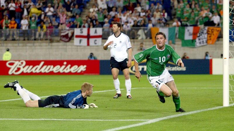 Keane scores celebrates after scoring against Germany in the 2002 World Cup. Photo: Andrew Paton/Inpho