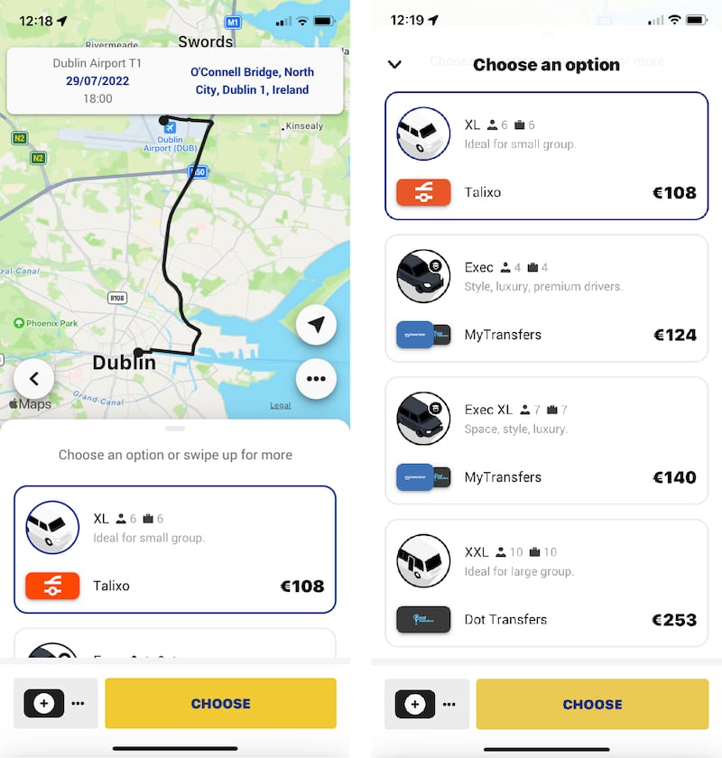 Ryanair airport transfers: the airline’s app quoted fees of between €108 and €253 to take between four and 10 people from Dublin Airport to O’Connell Bridge at 6pm this Friday