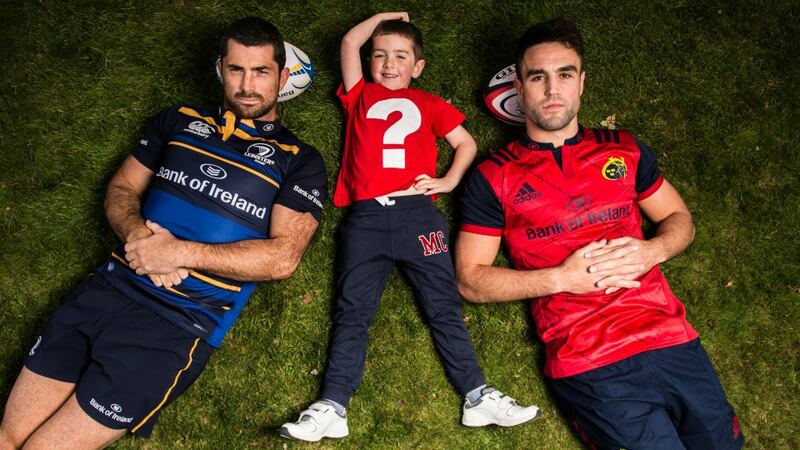 Left to right: Rob Kearney of Leinster, Sam Whelan, and Conor Murray of Munster