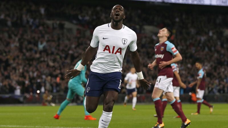 Tottenham Hotspur’s Moussa Sissoko celebrates scoring at Wembley Stadium as Declan Rice looks to the heavens. Photograph: Getty Images