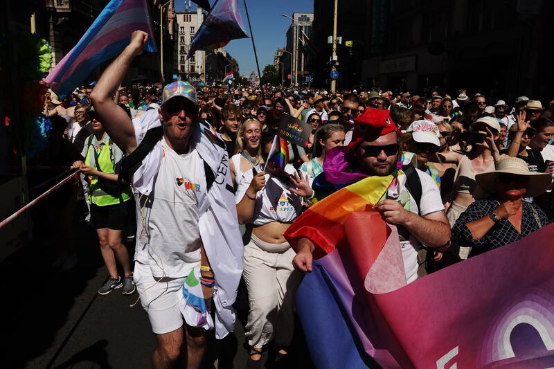 Participants march in the Budapest Pride parade on Saturday. Photograph: Janos Kummer/Getty Images
